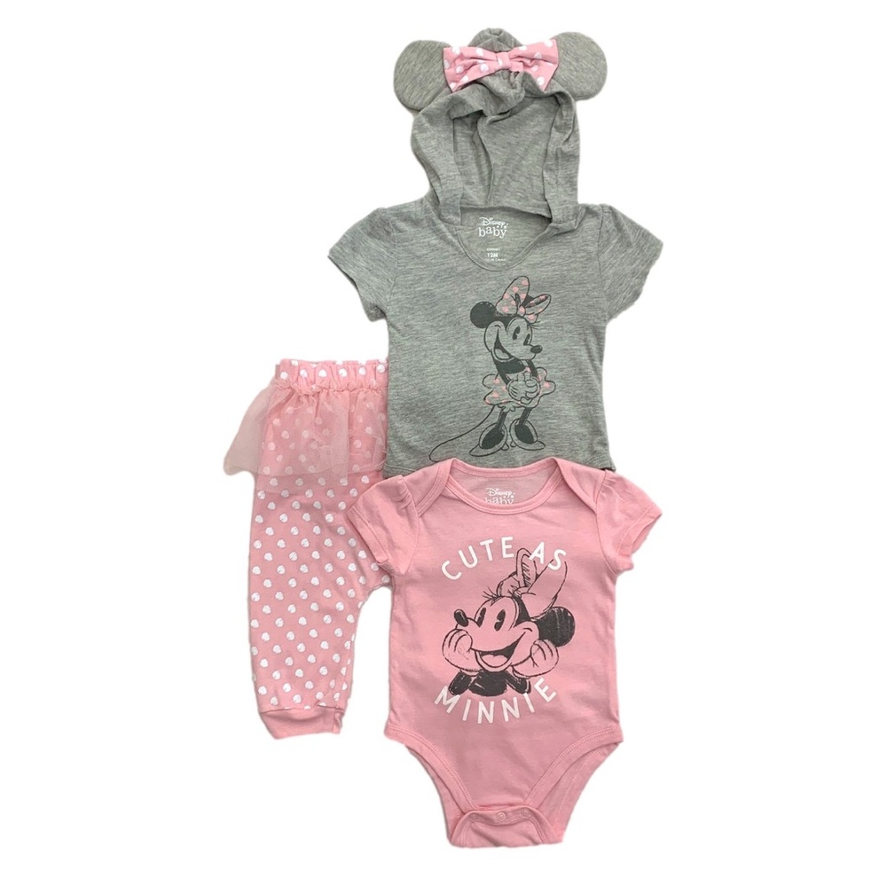 Disney Infant Girls 3pc Minnie Mouse Outfit Bodysuit & Ruffle Pants Set Newborn